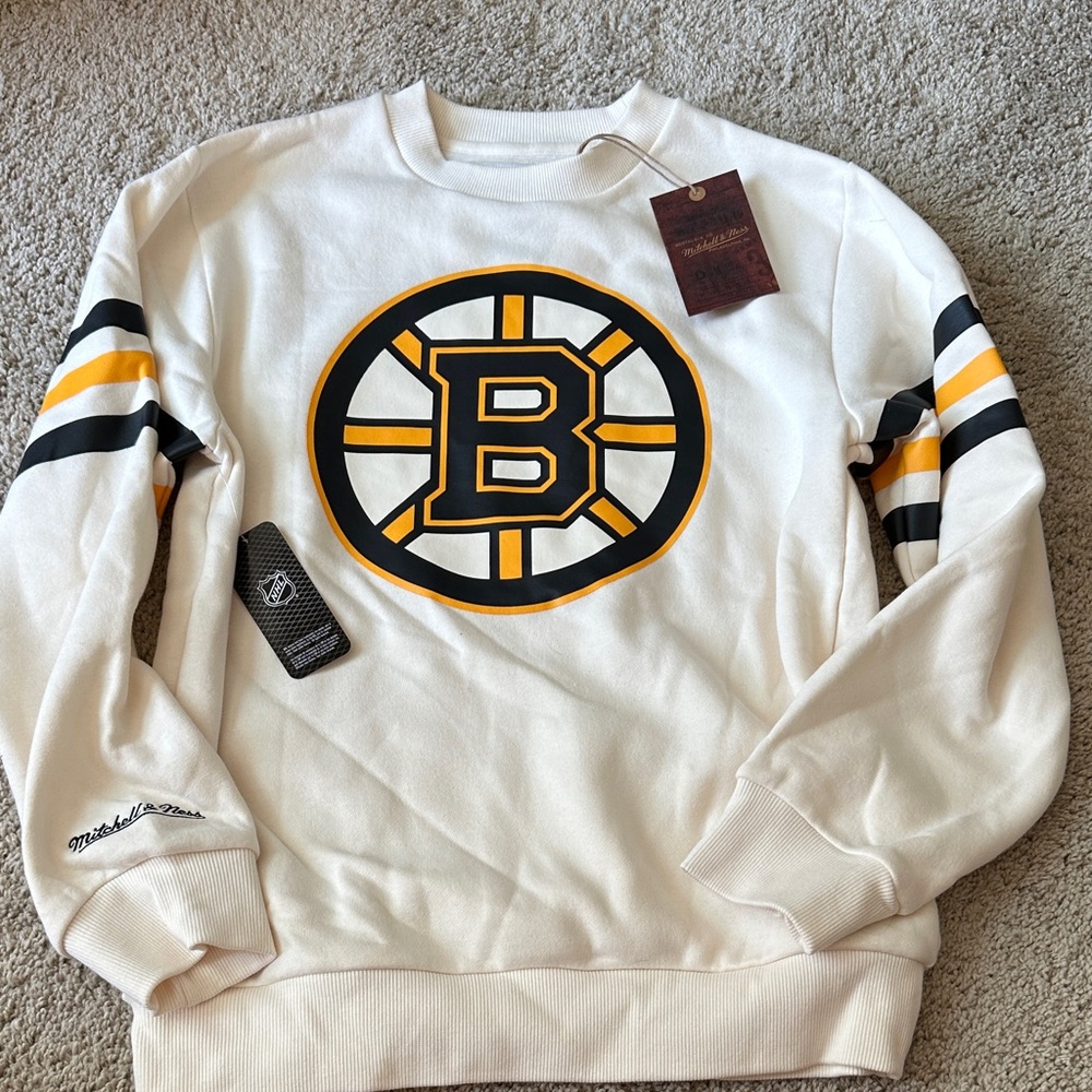 Mitchell & Ness White Boston Bruins Sweater with Black and Gold Stripes